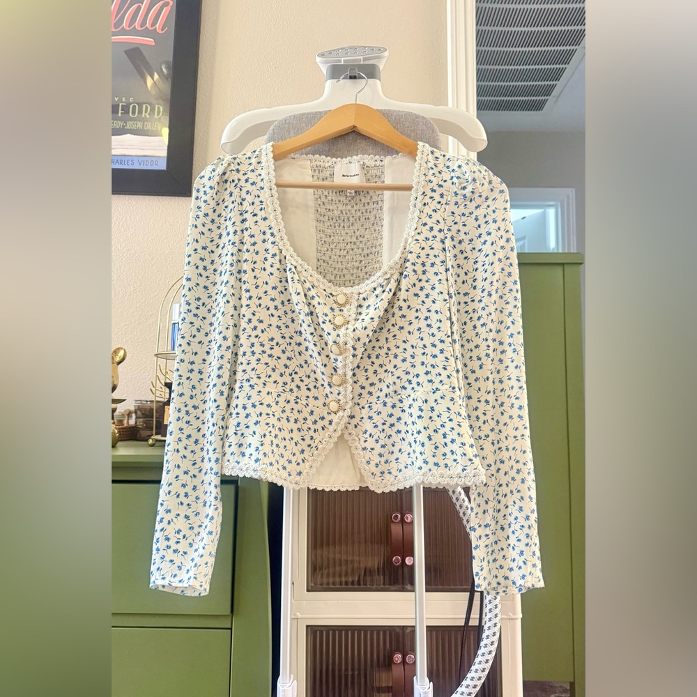 Reformation Cream Floral Button-Front Blouse with Blue Print - Picture 15 of 16